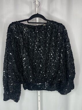 St. Martin Black Sequin Beaded Blouse M Sheer Balloon Sleeve Evening Vintage